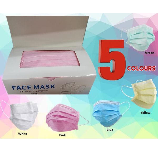 Face mask with ear loops & nose clip - Assorted Colors (50 Pcs)