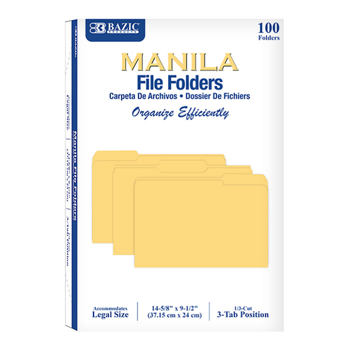 MANILA FOLDER LGL (100ct) 1/3CUT TABS BAZIC 3181