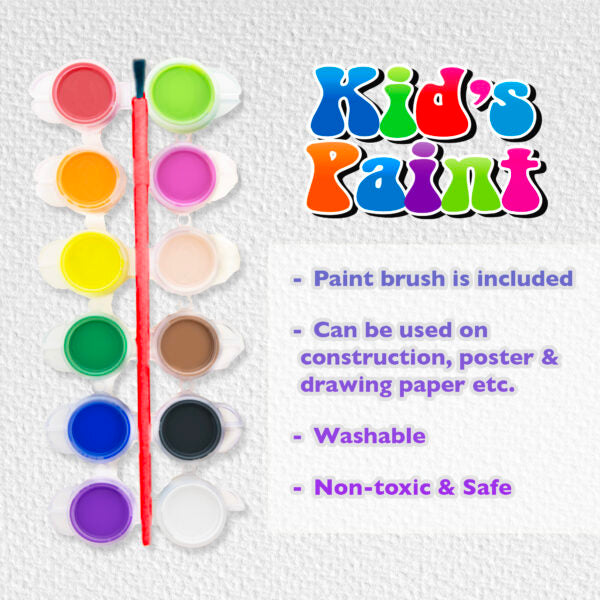 Kids Paint W/Brush 12ct 5ml Bazic #3920