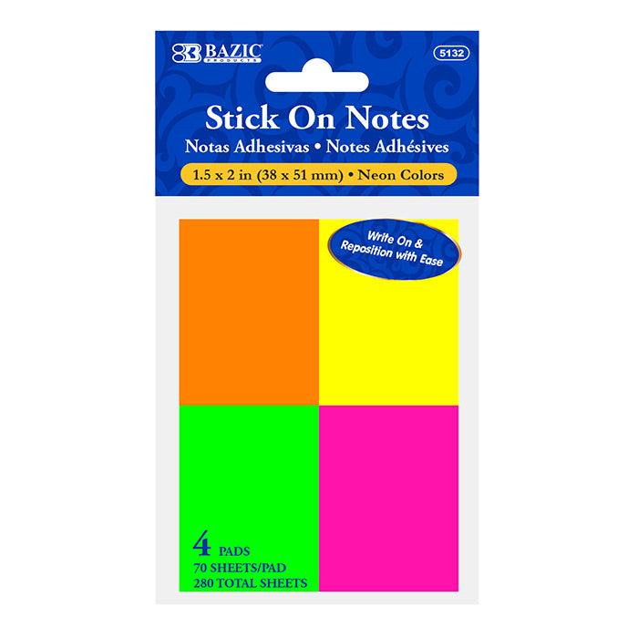 STICK ON NOTE PADS 1.5"x2" 4/pk NEON 70ct#5132