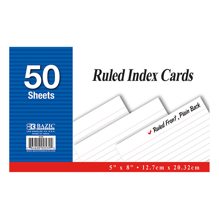 INDEX CARD 5x8 RULED 50ct BAZIC