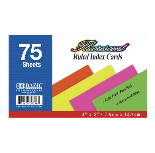 Bazic Fluorescent Rulex Index Cards 75CT