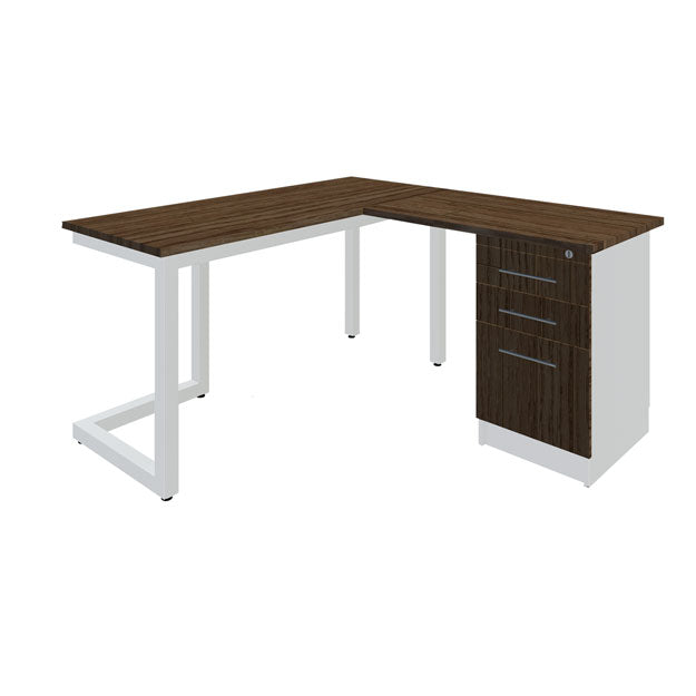WRITING DESK L-SHAPE CONTEMPO WHITE METAL FRM/ NOGAL PARIS TOP 5'x 5'x2.5'H
