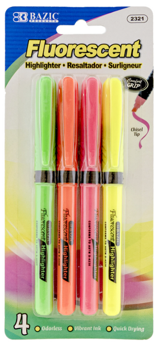 Bazic Fluorescent Highlighter Comfort Grip 4CT