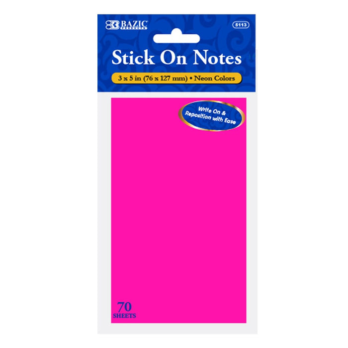 STICK ON NOTE PADS 3x5 NEON 70 Shts #5113