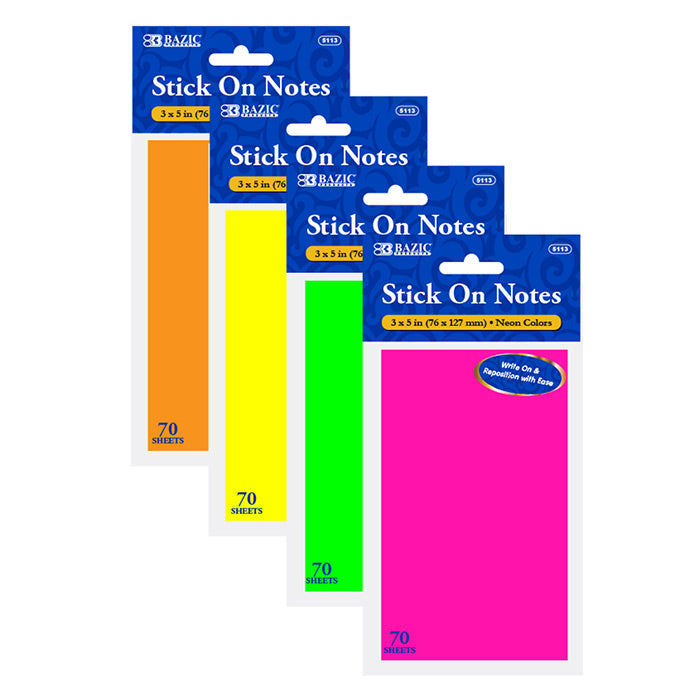 STICK ON NOTE PADS 3x5 NEON 70 Shts #5113