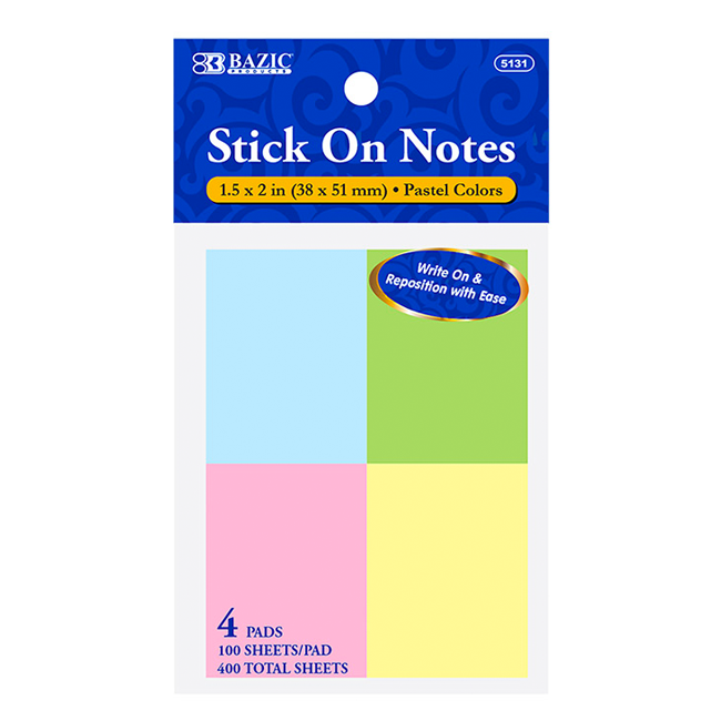 STICK ON NOTE PADS 1.5"x2" 4/pk PASTEL COLORS #5131