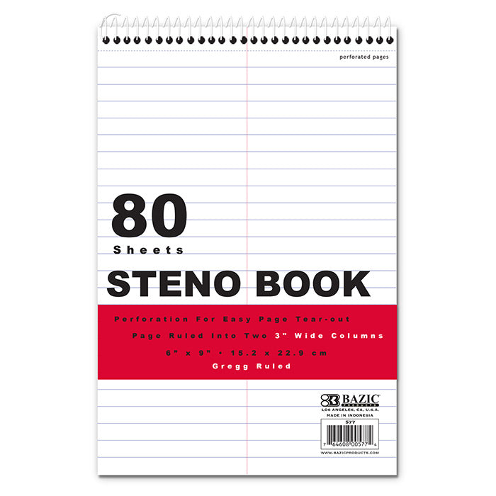 STENO BOOK 6X9 GREGG WHITE RULED 80 SHEET BAZIC 577