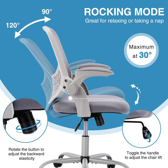 CHAIR MESH w FLIP ARMREST, LUMBAR SUPPORT, ADJ TILT LIGHT GREY 250lbs