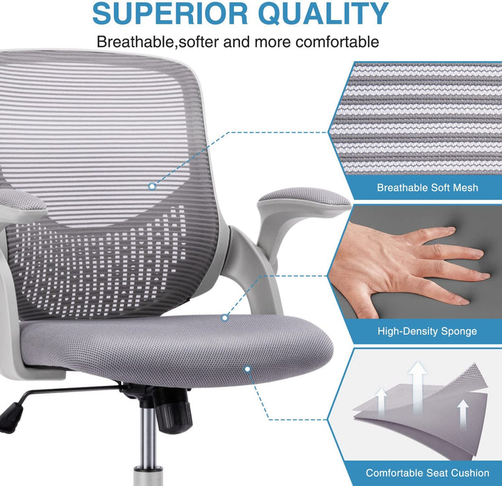 CHAIR MESH w FLIP ARMREST, LUMBAR SUPPORT, ADJ TILT LIGHT GREY 250lbs