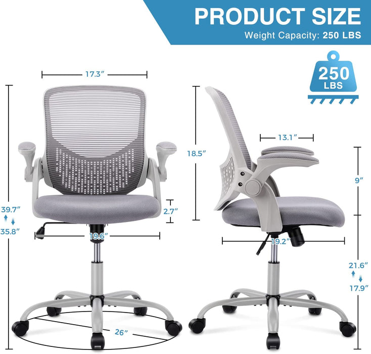 CHAIR MESH w FLIP ARMREST, LUMBAR SUPPORT, ADJ TILT LIGHT GREY 250lbs