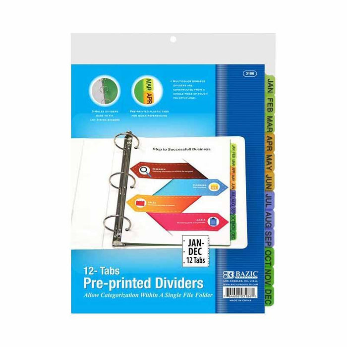 Binder 3-Ring Binder Dividers With 12 Printed Jan-Dec Tabs