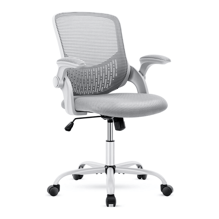 CHAIR MESH w FLIP ARMREST, LUMBAR SUPPORT, ADJ TILT LIGHT GREY 250lbs