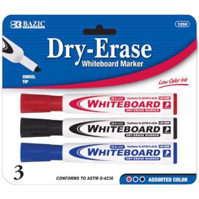 Dry-Erase Whiteboard Marker 3Pack, Chisel Tip, Bazic 1250
