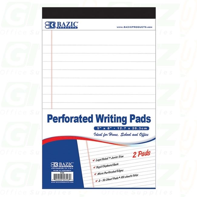 Bazic 50 Ct. 5" X 8" White Jr. Perforated Writing Pad (2/Pack)