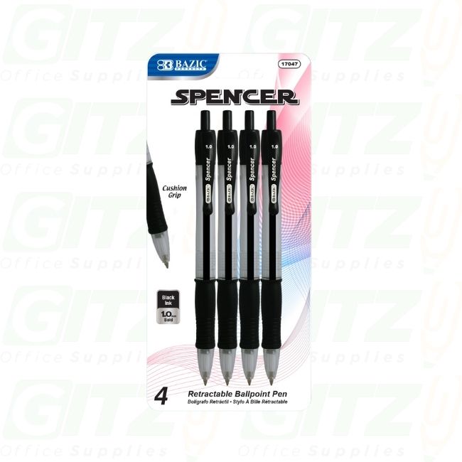 Spencer Black Retractable Pen w/ Cushion Grip (4/Pack)