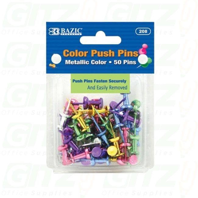 Bazic Assorted Metallic Color Push Pins, 50 Pins Per Pack #208