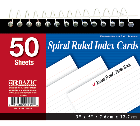 Bazic Spiral Ruled Index Cards  #519