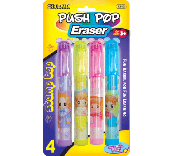 Eraser Push Pop W/ Stamp Top 4Ct.