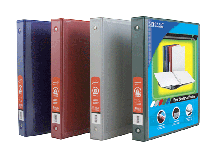 Binder 1" w/View Assorted Colors 3-Ring w/2 Pockets  Bazic #3123